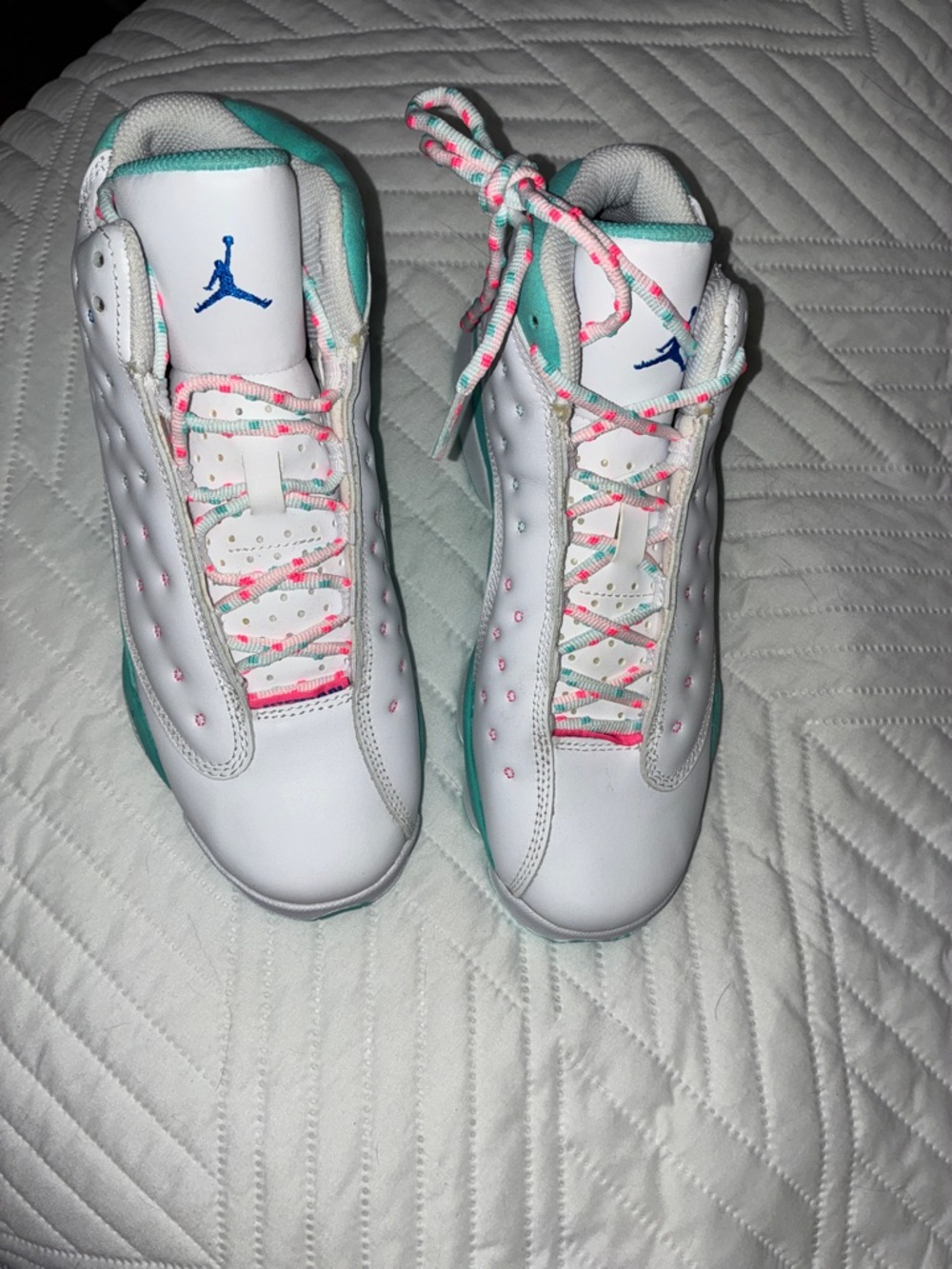 Nike White Teal Pink Girls' Basketball Sneakers